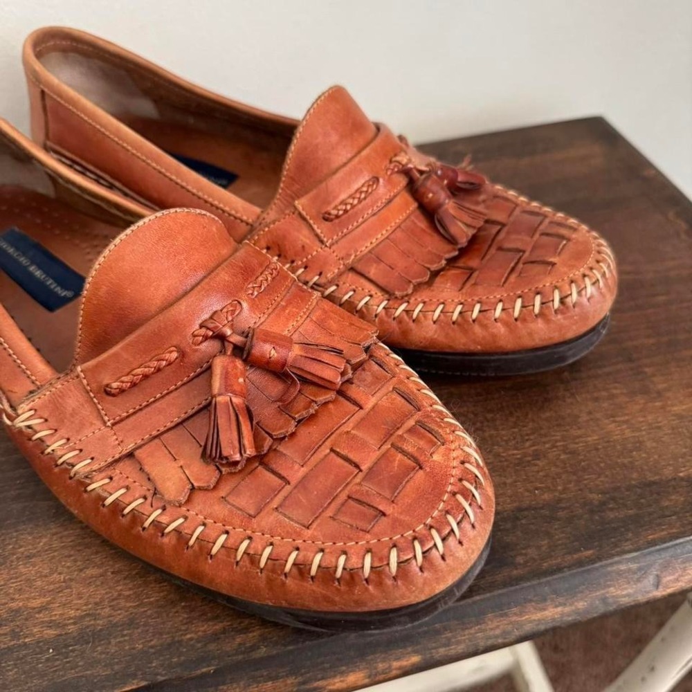 Vintage Brown Leather Loafer Men 9 Pinch Tassel Tan Fringe Giorgio Brutini - Picture 4 of 7